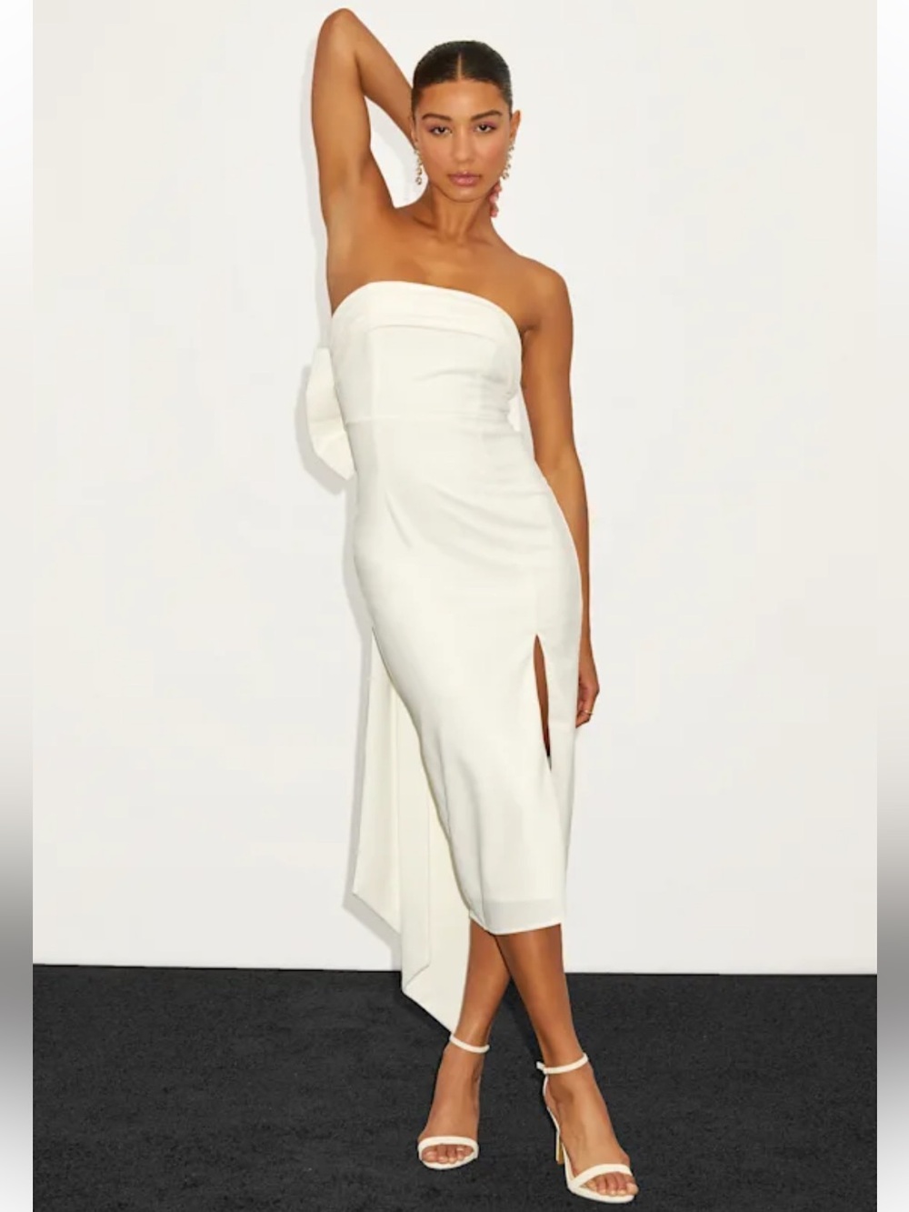 Lulu's Strapless White Midi Dress with Side Slit and Draped Bow